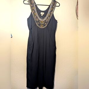 Temperley London Black and Gold Sequin Embellished Neckline Pockets Midi Dress